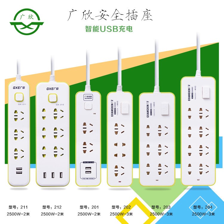 新國標(biāo)帶線插座帶USB手機(jī)充電0.75平方2500W電源排插家用插線板