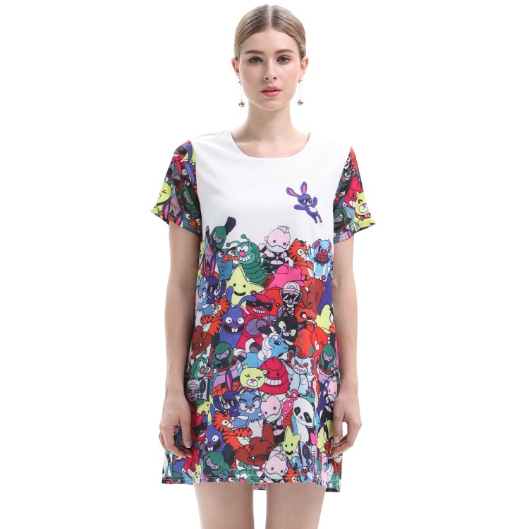 2018夏季精品女裝潮流新品卡通印花大碼女裝寬松雪紡連衣裙JR9515