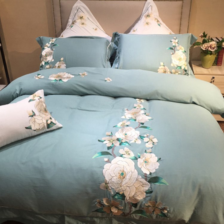 色簡約棉麻高端刺繡四件套單雙人酒店床單被套1.8m床上用品