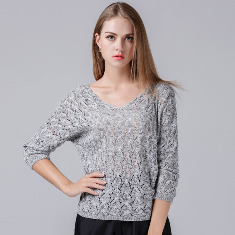 歐洲站2018春季新款女裝V領鏤空蝙蝠袖套頭百搭長袖針織衫JR1419