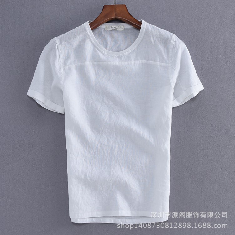 舒適透氣羅紋領(lǐng)短袖亞麻T恤男士簡(jiǎn)約休閑棉麻t恤衫男白色修身上衣