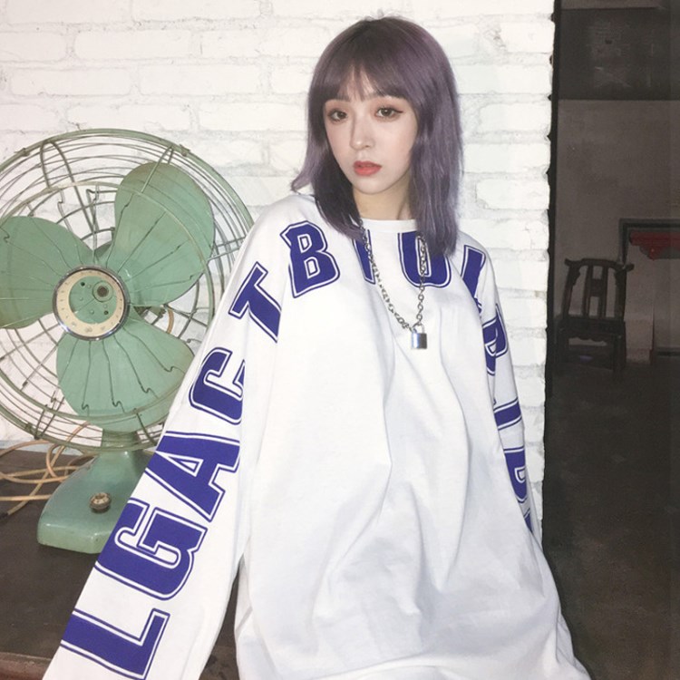 新款韓國ulzzang寬松字母印花休閑長袖抽繩t恤上衣學生潮