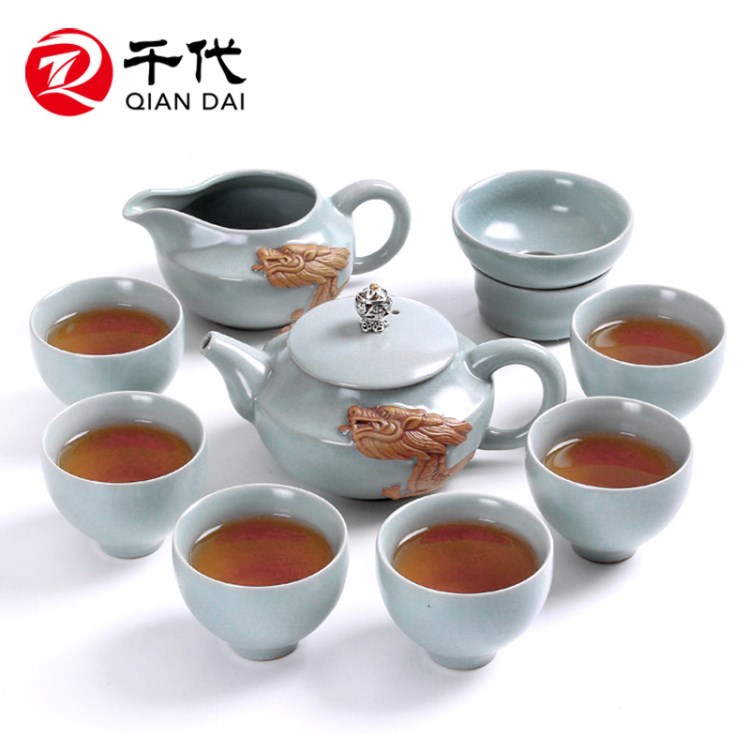 千代 汝窑茶具套装 浮雕祥龙功夫茶具 仿宋开片汝窑陶瓷茶具