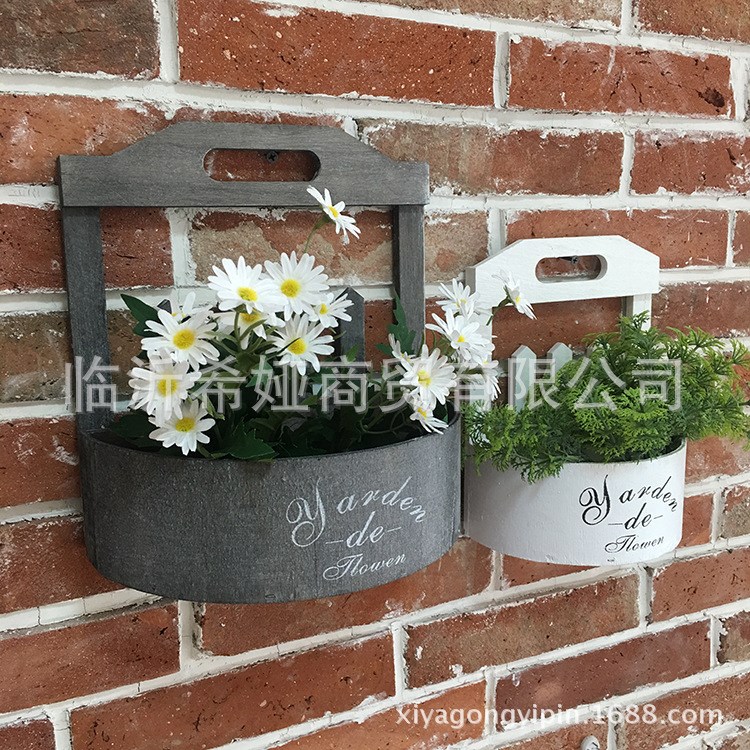 希婭美式鄉(xiāng)村木質(zhì)壁掛花籃墻面裝飾花盆花器木頭花盆吊盆一套2個