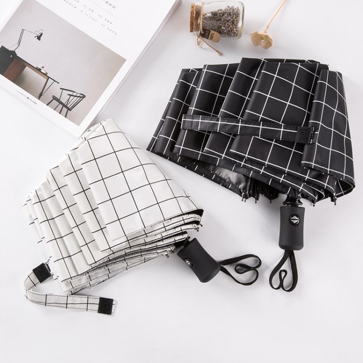 全自動雨傘 加厚黑膠防曬遮陽男女商務晴雨兩用黑白格折疊太陽傘