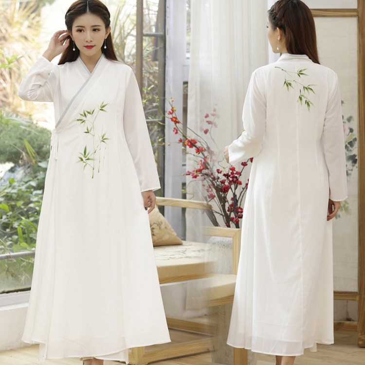 2018春夏復(fù)古中國風(fēng)手繪長袖禪茶服連衣裙女民族風(fēng)長袍 JH9032