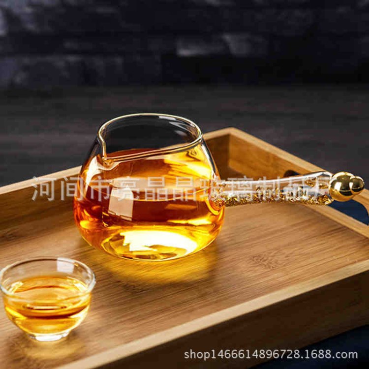 出口批發(fā)耐熱玻璃茶具 玻璃側(cè)把金箔手柄公道杯 杯口描金分茶器