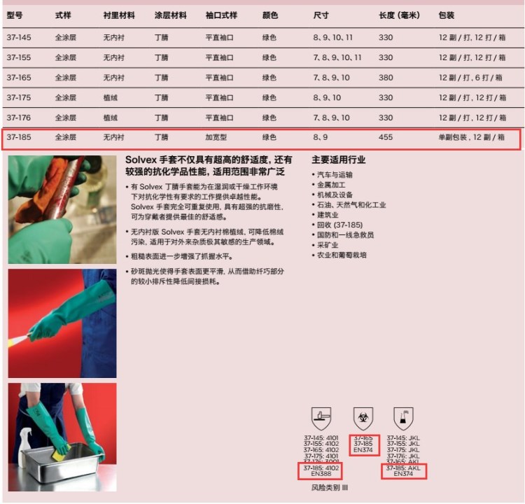 安思爾 37-185綠色丁腈抗化學手套