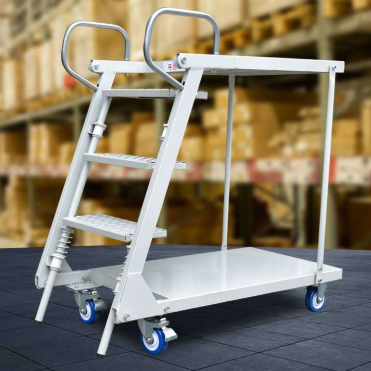 皇球双层可折叠物流台车 移动登高梯 超市仓储仓库登高车厂家批发