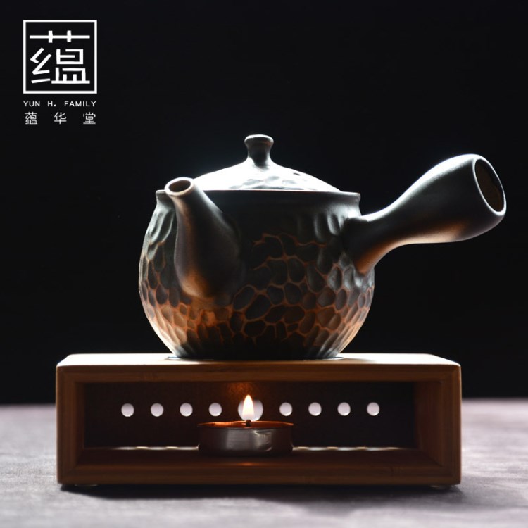 日式煮茶器 竹制煮茶爐粗陶側(cè)把壺泡茶壺 竹陶溫茶器送10枚酥油燈