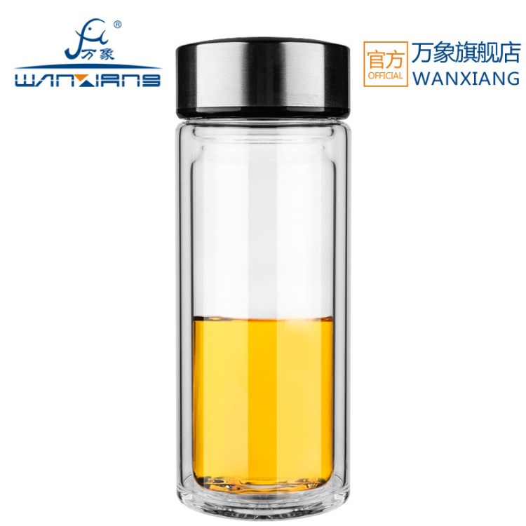 萬象玻璃杯雙層直身杯子帶不銹鋼蓋子儲物倉透明水杯V10