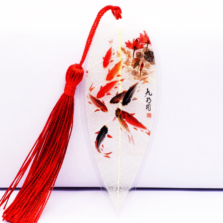 中国风叶脉书签九鲤图吉祥富贵红鲤鱼年年有余创意文具可定制批发