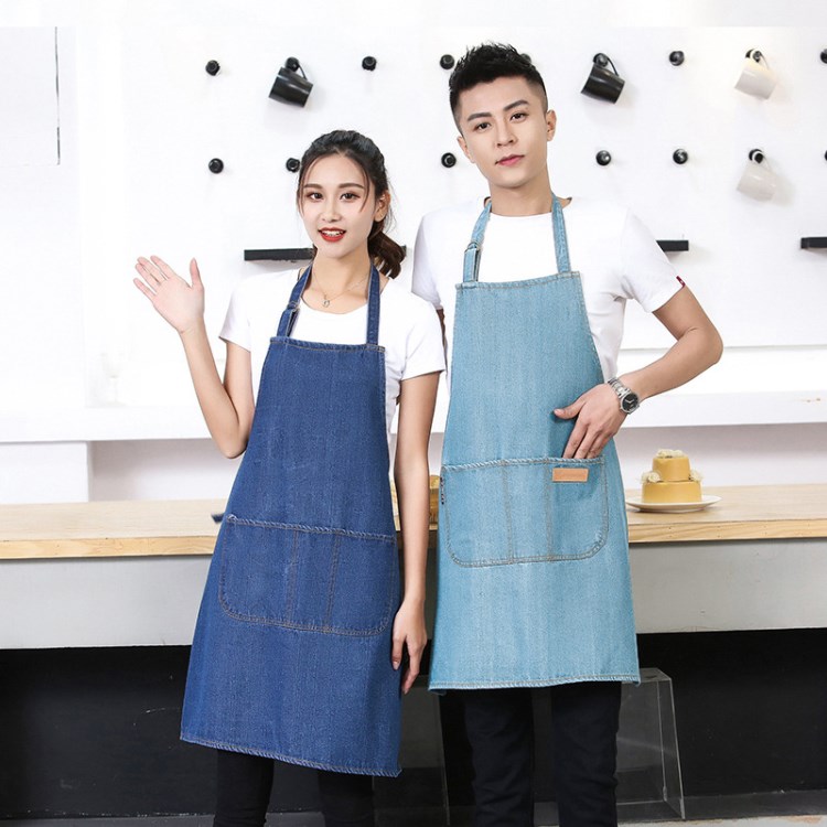韓版時尚牛仔圍裙定制logo咖啡師奶茶餐廳畫室花藝圍裙工作服印字