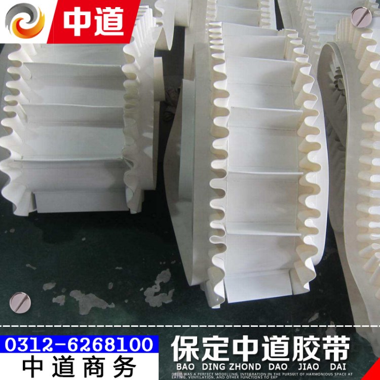 白色食品pvc綠色特費(fèi)龍pu輸送帶裙邊擋板的大傾角花紋環(huán)形傳送帶