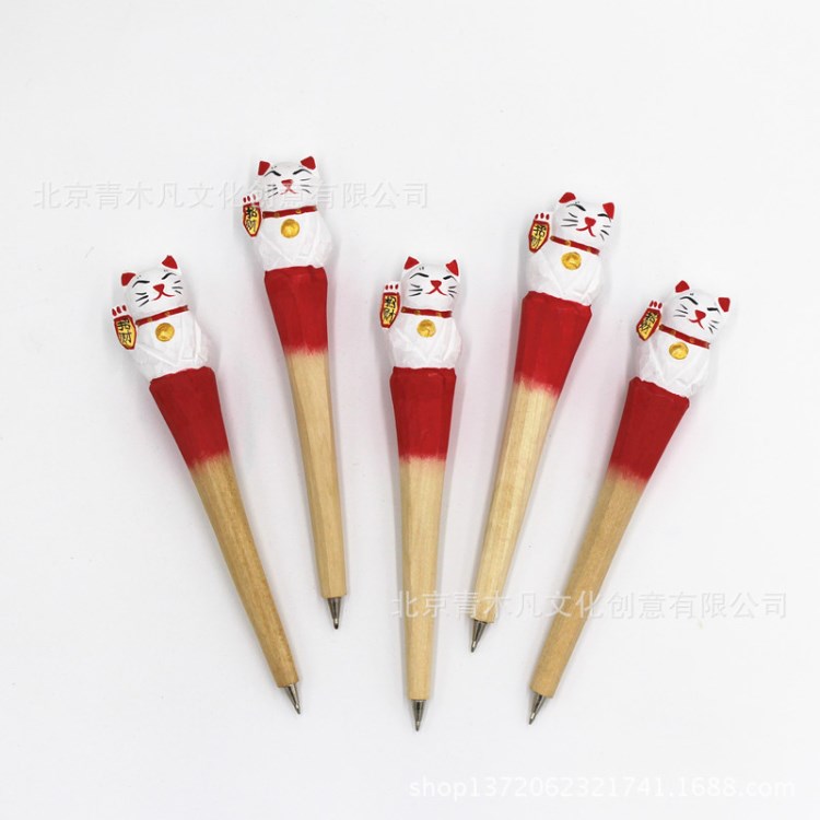 木制雕刻動物筆可愛招財貓地攤熱賣手工原木工藝廣告禮品筆