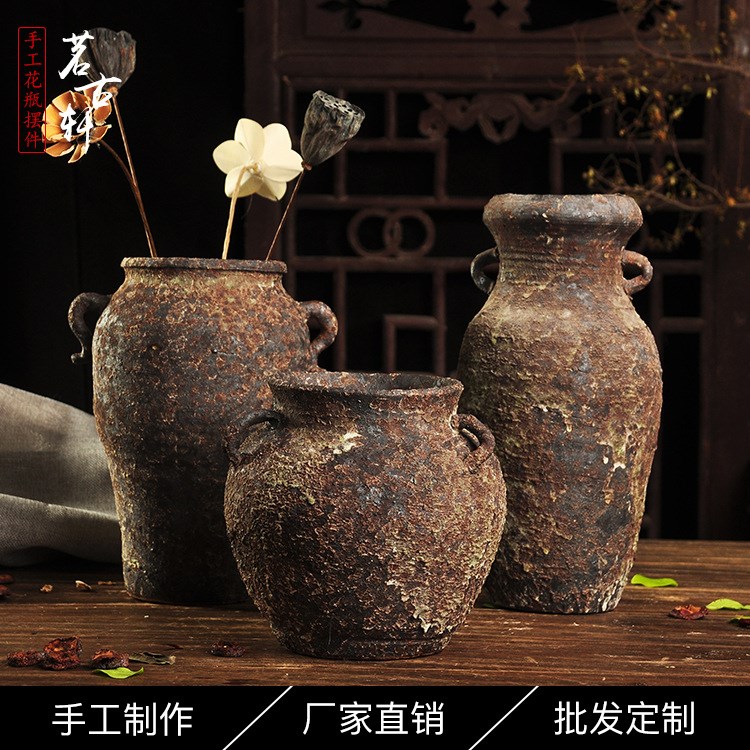 景德鎮(zhèn)手工做舊陶瓷花瓶  家居裝飾酒店陶瓷擺件 復(fù)古粗陶工藝品