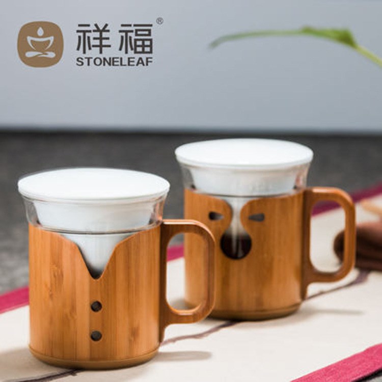 祥福中式杯具 陶瓷双层内胆竹服玻璃杯 创意情侣茶杯节庆送礼