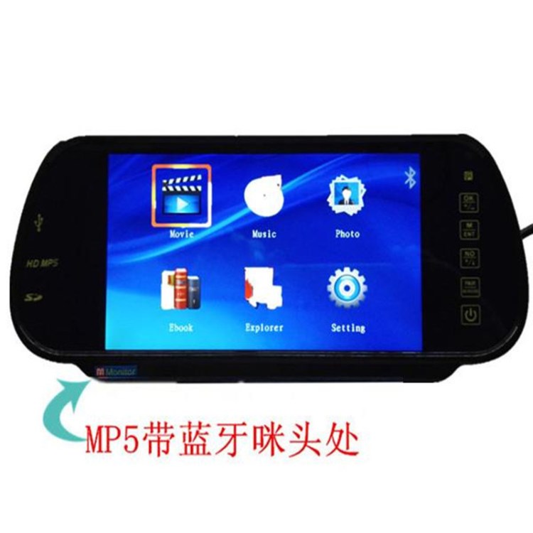 供應(yīng)7寸車載后視鏡液晶顯示器/MP5插卡帶藍(lán)牙800*480支持RMVB1080