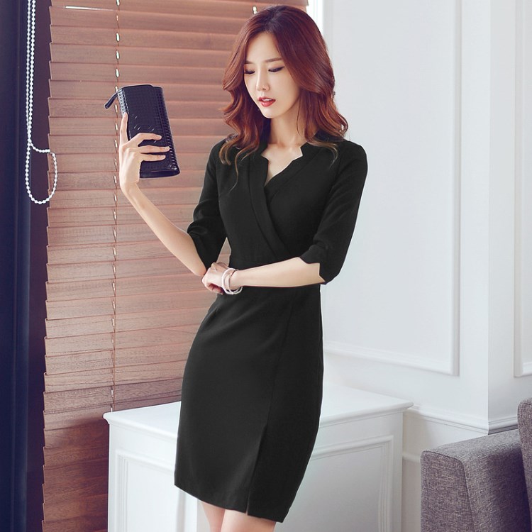 春夏新款气质职业装女套裙工作服ol韩版中袖师v领包臀连衣裙