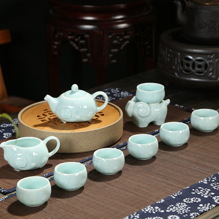 元器 青瓷浮雕亮光三陽開泰 陶瓷功夫茶具 傳統(tǒng)風(fēng)格創(chuàng)意禮品茶具