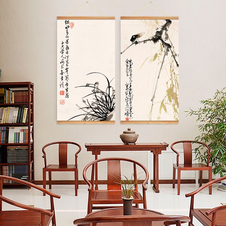 实木框画新中式客厅玄关水墨挂画国画卧室书房中式卷轴挂画装饰画