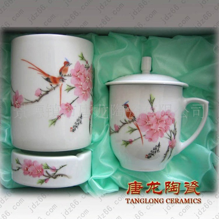 景德鎮(zhèn)手工創(chuàng)意陶瓷茶具水點(diǎn)桃花3件套陶瓷茶具套裝廠家定制LOGO