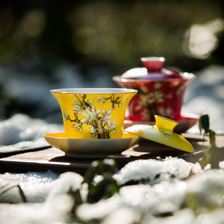 恩窯扒花蓋碗粉彩手繪泡茶三才碗 景德鎮(zhèn)扎道精品茶具 玉蘭