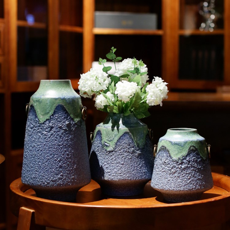手工藍色陶瓷特色花瓶 粗陶復古花瓶擺件 創意客廳瓷器工藝插花瓶