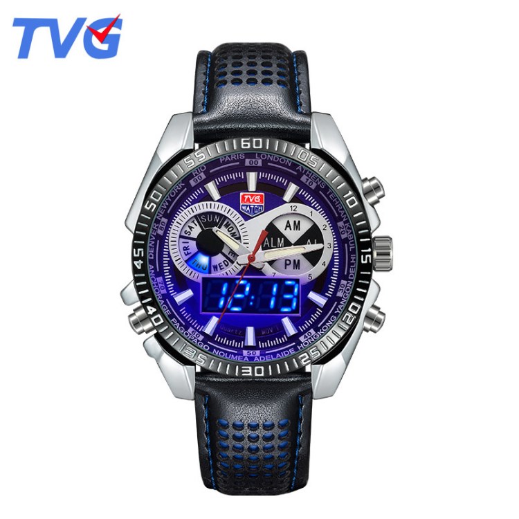 新款TVG多功能手表男士潮表  防水LED雙顯夜光運(yùn)動(dòng)手表皮帶568PD