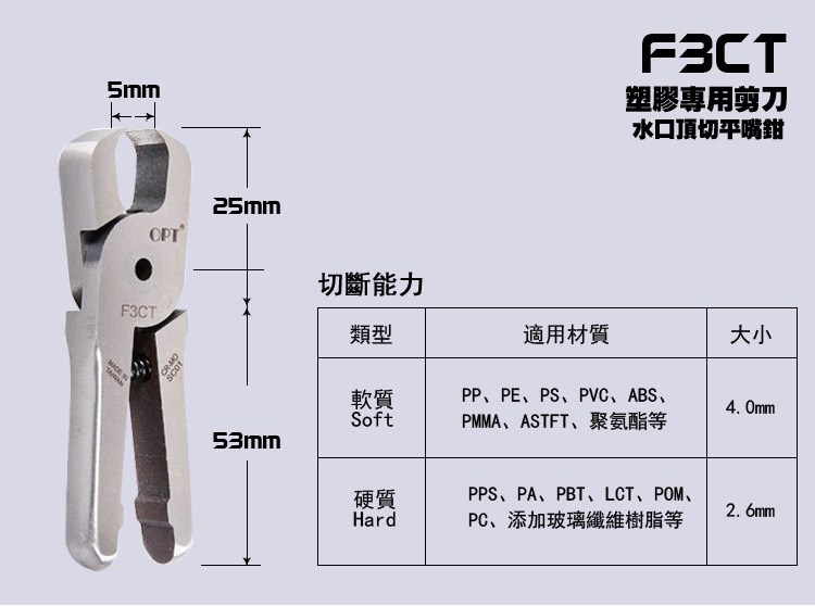 台湾OPT气剪 F3CT塑胶水口顶切平嘴钳 塑料剪切 剪头 PVC剪切刀