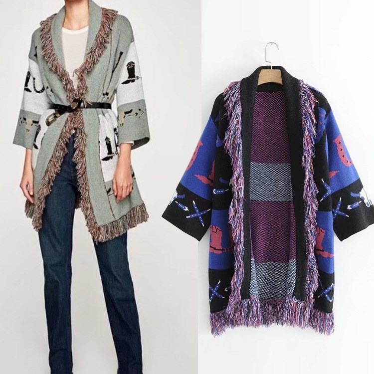 ASDS 秋季新品 民族風流蘇飾提花寬松版女中長款上衣 WWT41598