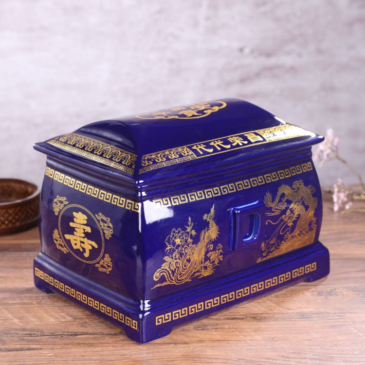 蓝色经典陶瓷骨灰盒 陶瓷骨灰盒丧事骨灰罐祭祀殡葬用品