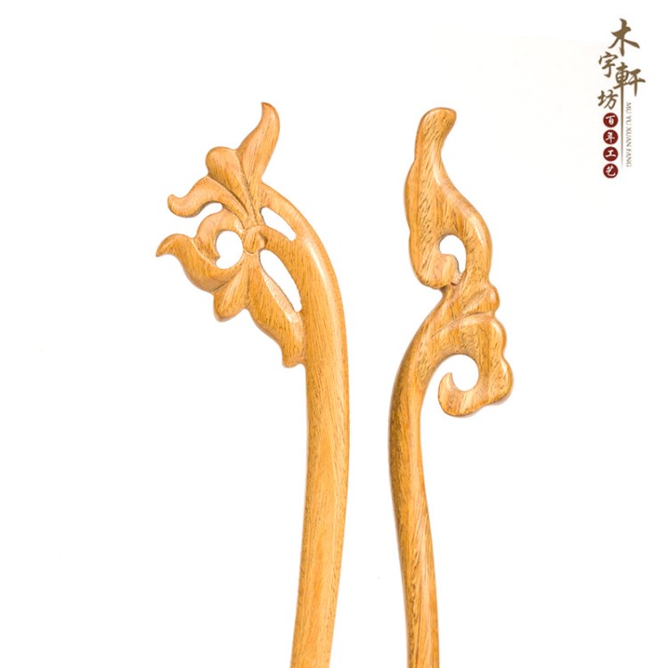 綠檀木鏤空發簪 中國風古典檀木簪子 頭飾發釵批發 花朵木簪子