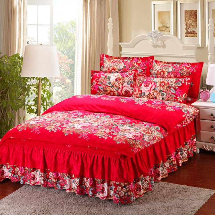 南通廠家直銷 加厚磨毛婚慶床裙床罩四件套 床上用品被套一件代發