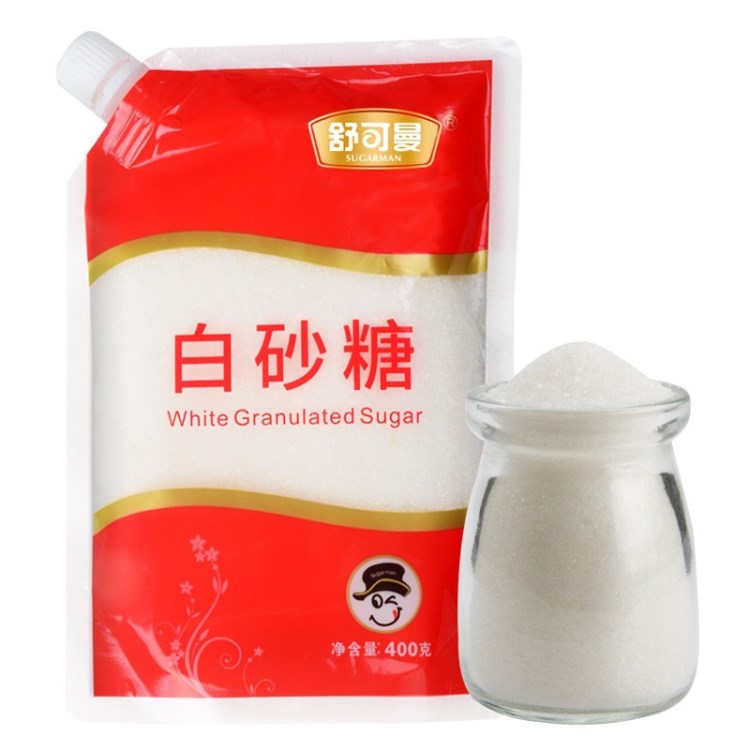 供应舒可曼白砂糖400g/袋 碳化工艺细白糖干爽带盖易保存