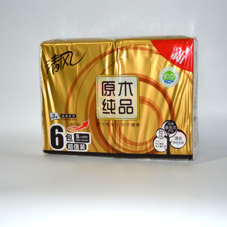 清風(fēng)紙巾廠家直銷 3層6包原木品金裝抽取式面紙巾 批發(fā)