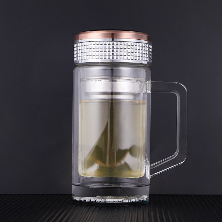 廠家批發(fā)雙層透明玻璃杯大容量帶手柄過濾網(wǎng)車載杯休閑戶外禮品杯