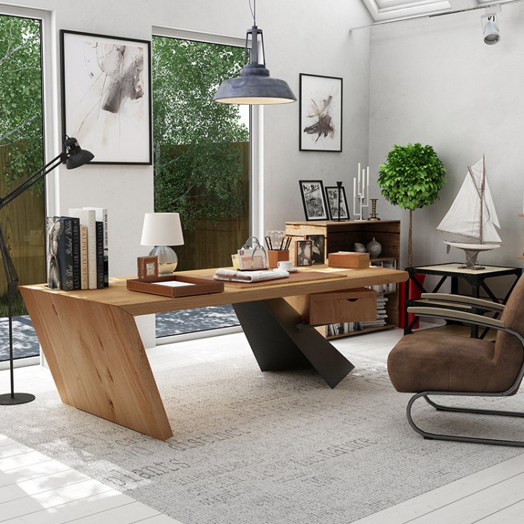 北欧带抽屉实木总裁办公桌简约老板职员电脑桌设计师创意大板桌