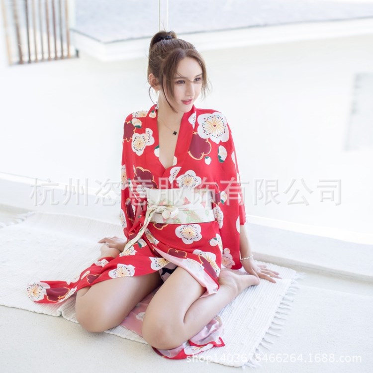 Selebritee情趣內(nèi)衣印花古風(fēng)連體睡袍深V領(lǐng)誘惑和服浴袍性感睡衣