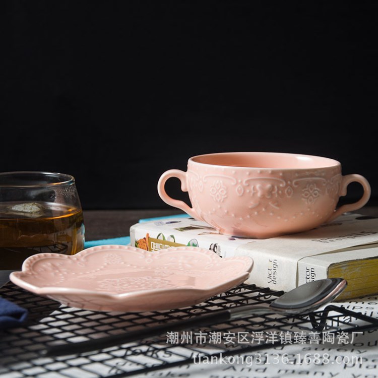 浮雕陶瓷雙耳碗碟套裝 甜品碗湯盅 布丁碗早餐麥片碗 餐具禮品