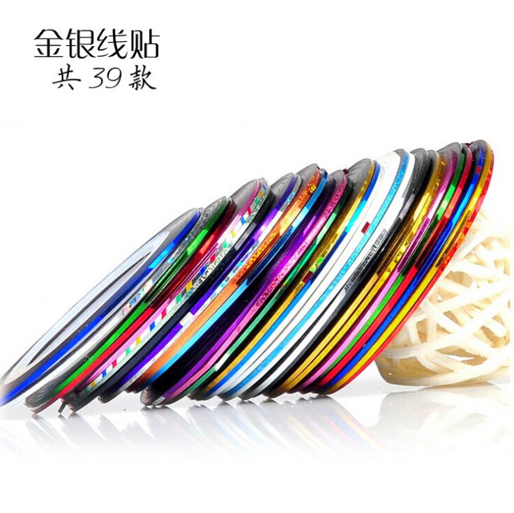 廠家直銷美甲金銀線貼 帶背膠彩繪線 指甲貼37色 20m現貨供應