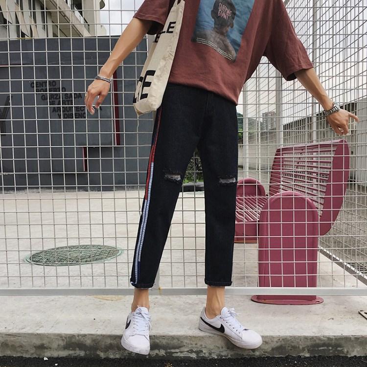 港仔夏季新款側邊撞色彩條青年男式牛仔褲水洗破洞九分褲一件批發