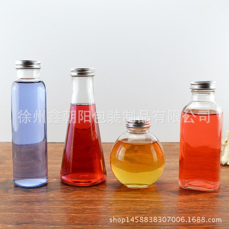新款300ml圓形玻璃瓶 飲料瓶 果汁杯 方形泡茶瓶 鋁蓋錐形玻璃瓶