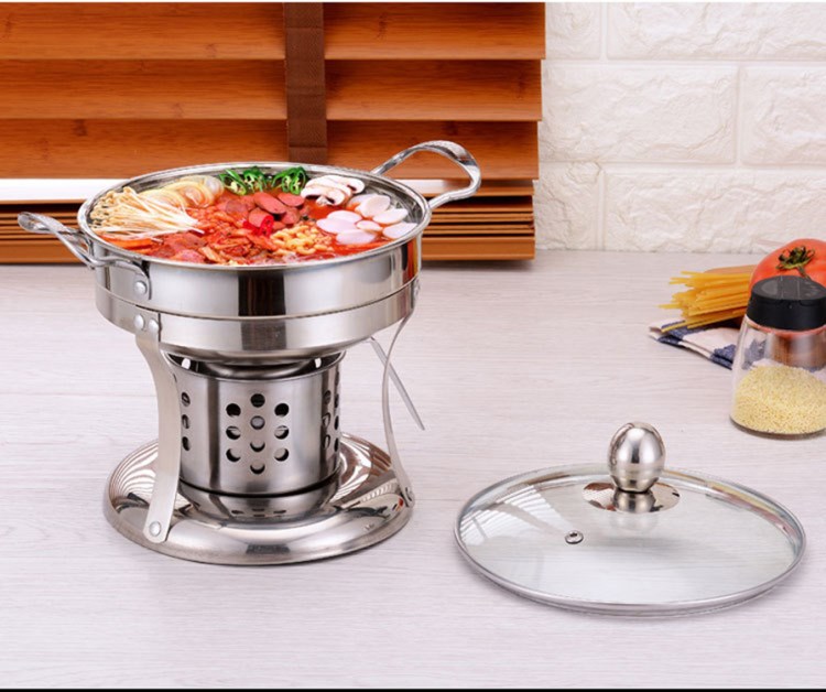 无磁不锈钢外卖火锅 中式酒精炉单人自助小火锅 植物环保油涮涮锅