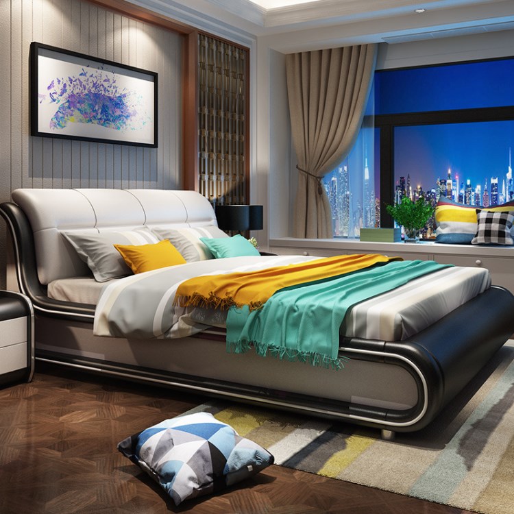 现代简约小户型1.5真皮床1米8 皮艺双人床 经济型主卧结婚大床