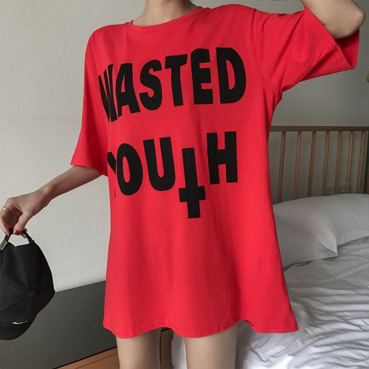 夏季t恤衫女寬松大碼短袖紅色上衣中長款6535棉時尚學(xué)生裝批發(fā)潮