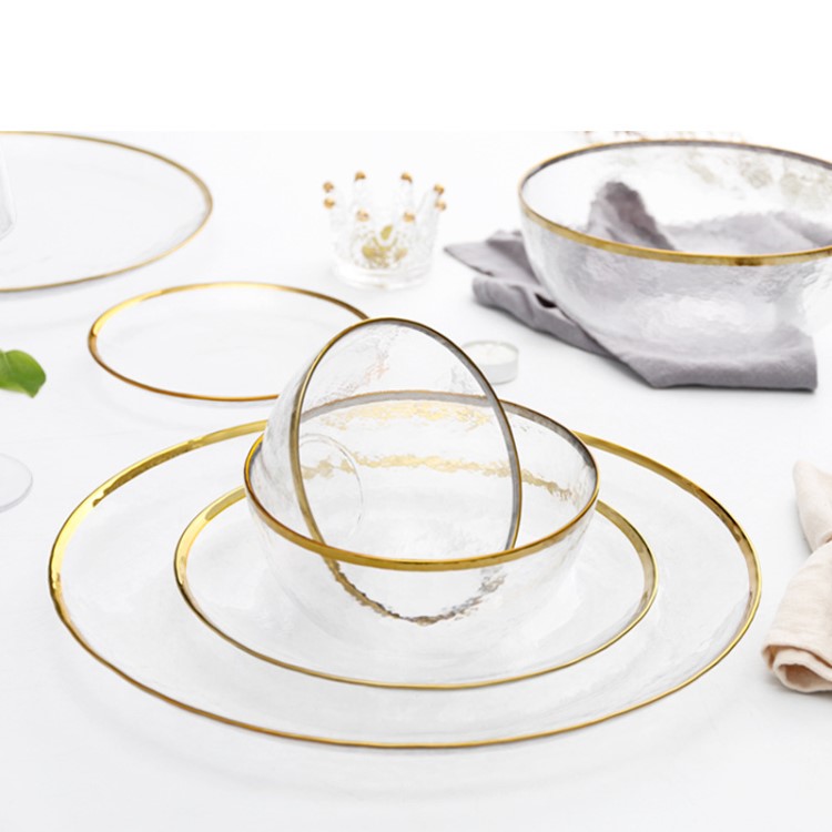 星然網紅手工金邊玻璃餐具透明玻璃餐盤家用碗盤碟水晶錘目紋盤子