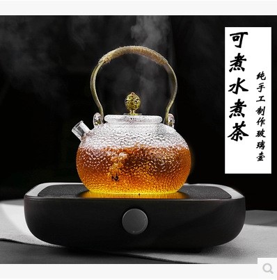 日式耐高溫玻璃壺錘紋煮茶壺電陶爐專用燒水壺銅把玻璃提梁壺茶壺