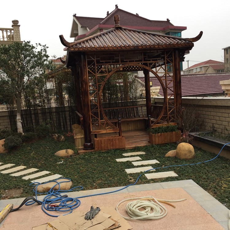 廠家定制戶外庭院別墅亭子仿古涼亭景觀四角六角木亭碳化防腐木屋