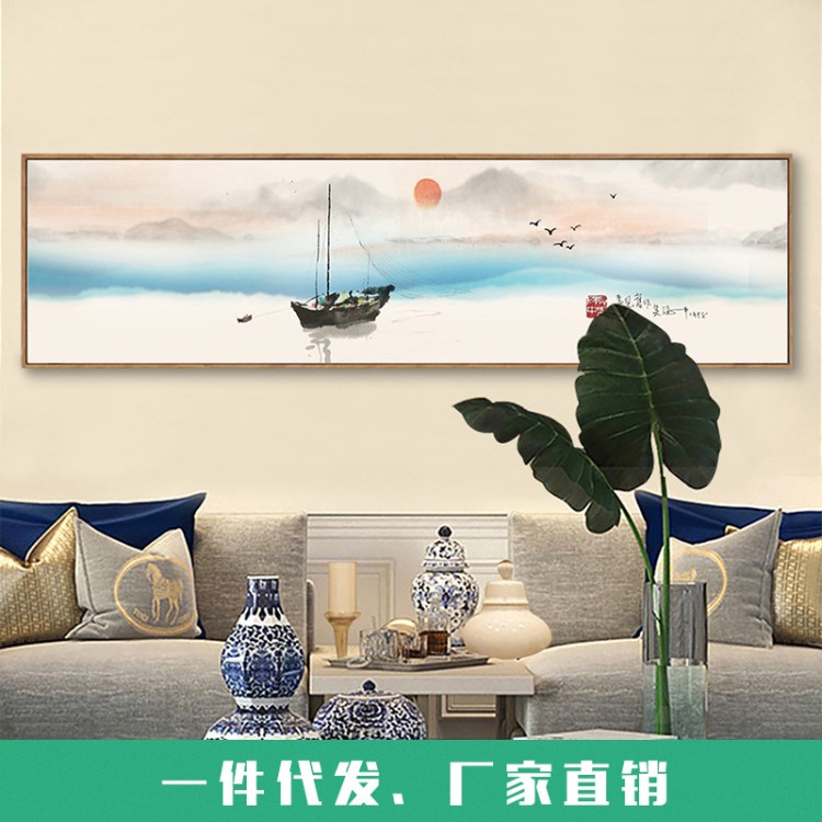 中国风客厅装饰画 沙发背景花鸟意挂画 古墨山水壁画软装横幅油画